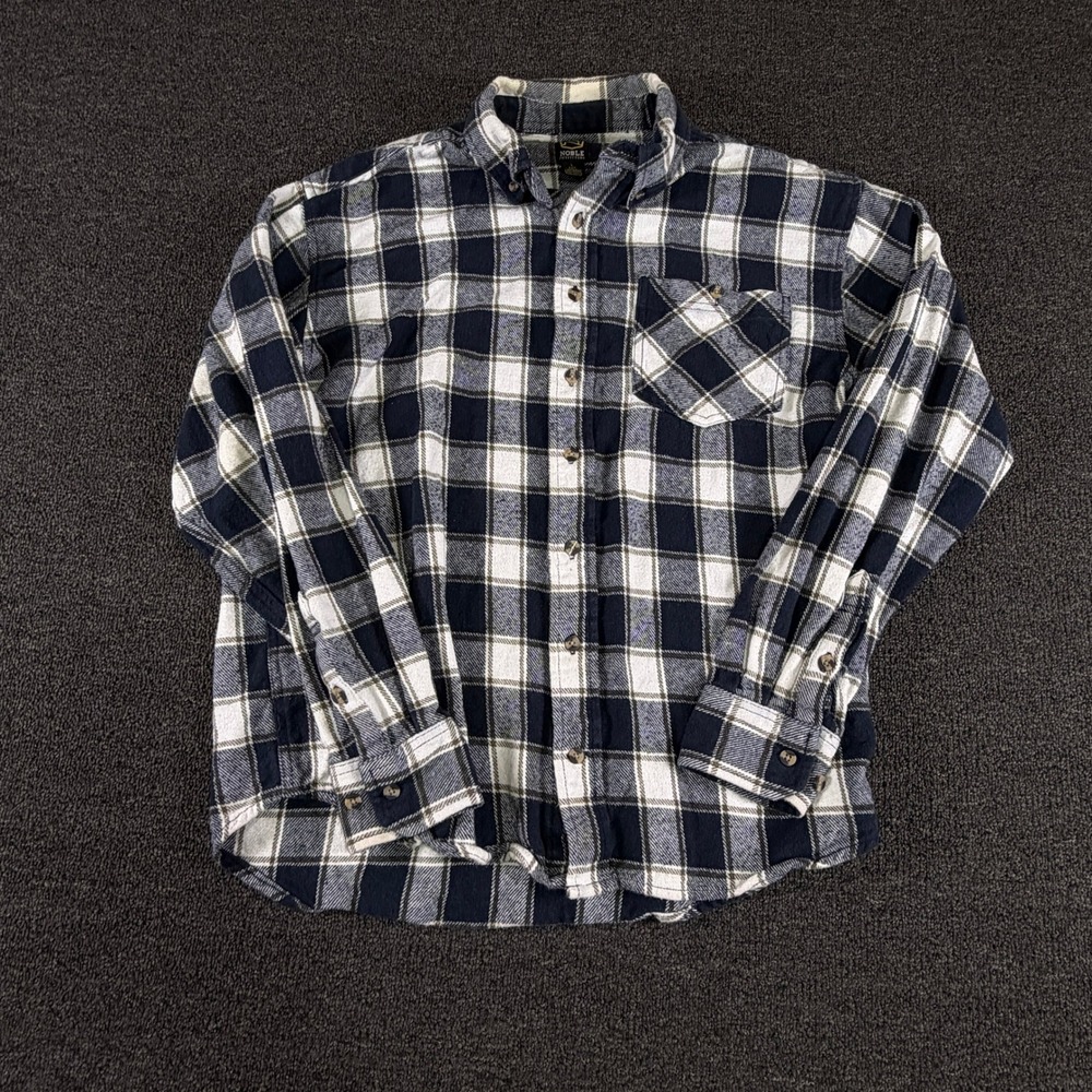 Noble Outfitters Flannel Shirt Mens L Regular Navy Blue Plaid Button-Down EUC